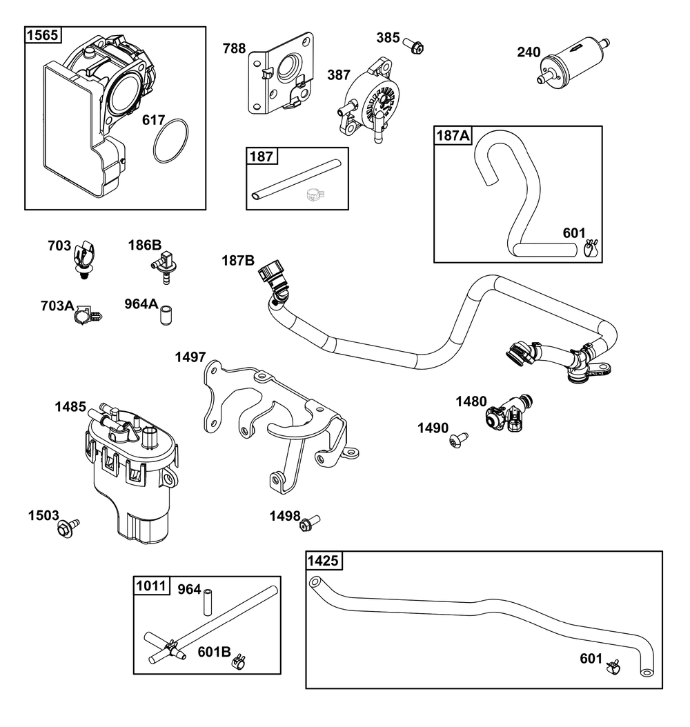 Throttle Body And Fuel Supply Group Diagram and Parts List for 49X977-0003-G1 400000 - 699999 Briggs and Stratton Engine
